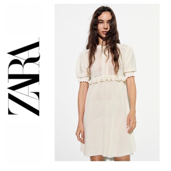 NWT Zara Mixed Pointelle Contrast Lace Detail Knit Mini Dress in Ecru, Medium - Picture 1 of 13